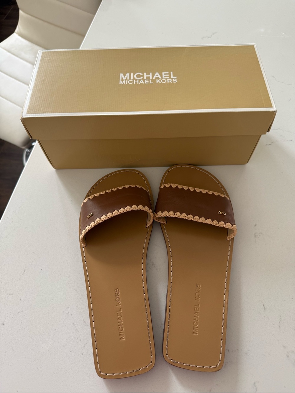 MICHAEL Michael Kors Two-Tone Brown Scalloped Leather Slide Sandals